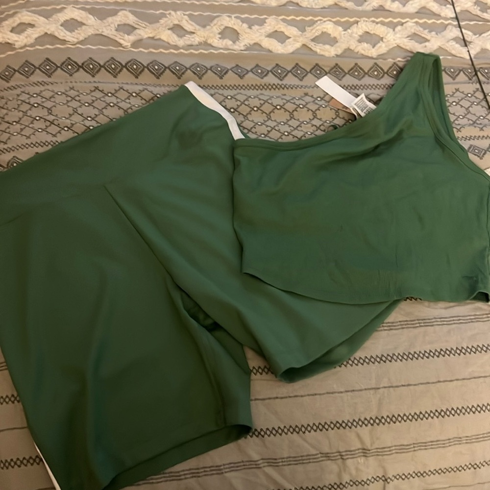PINK Victoria's Secret Green and White Shorts with one shoulder matching top
